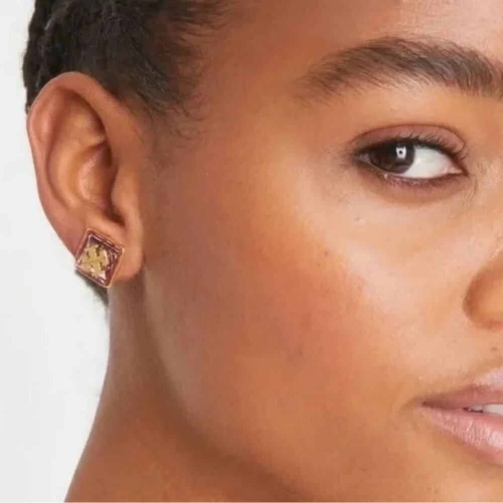 NEW TORY BURCH Resin Logo Stud Earrings Gold and Purple MSRP: $128
